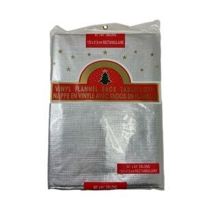 Metallic Silver Vinyl Flannel Back Tablecloth 60” x 84” Oblong